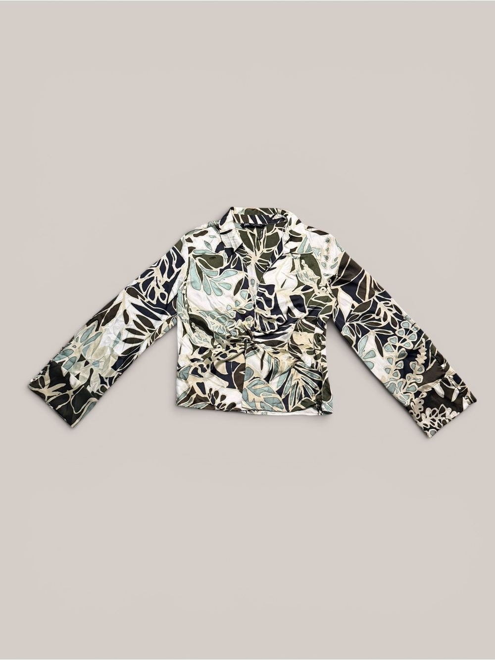 Zara Tropical Leaf Pattern Satin Blouse with Twist Front & Wide Sleeves